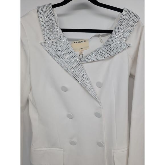 NWT L'Agence Dorothea Embellished Asymmetric Blazer Mini Dress Sz M White #4E503 - Picture 5 of 14